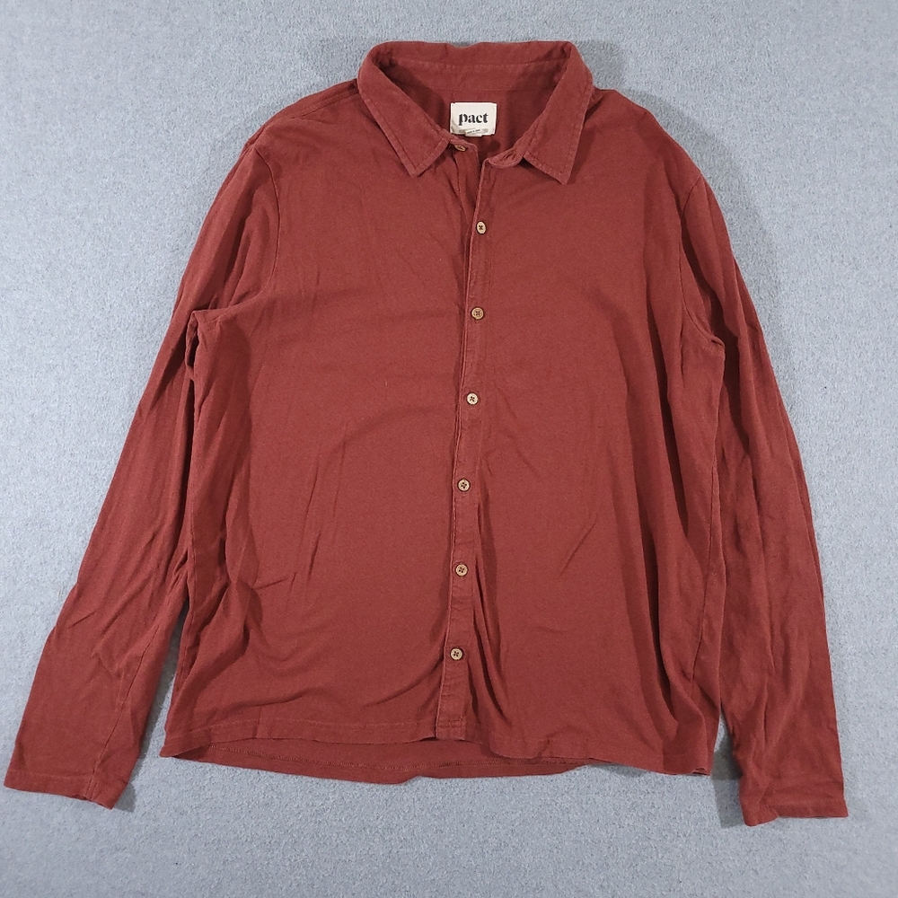 Pact Organic Men's Long Sleeve Button Up Shirt Size Large Orange Linen Blend
